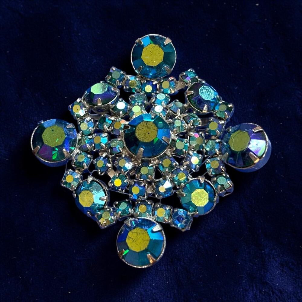 Electric Blue Aurora Borealis Rhinestone Starburst Brooch Atomic Sparkle